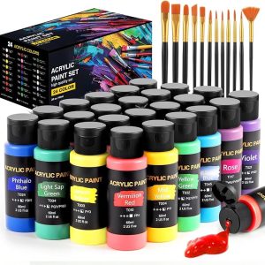 Acrylic Paint Set, 24 Colors (2 oz/Bottle) with 12 Art Brushes